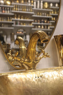 Moroccan Brass Bathroom Set, Oval Mirror Rectangular Sink Faucet Wall Lamp Pack, Handmade Gold Vanity Bath Decor Set
