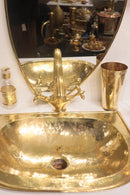 Moroccan Brass Bathroom Set, Oval Mirror Rectangular Sink Faucet Wall Lamp Pack, Handmade Gold Vanity Bath Decor Set