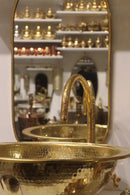 Moroccan Brass Bathroom Set, Oval Mirror Hammered Sink Faucet Wall Lamp Towel Holder Pack, Gold Vanity Bundle, Handmade Bath Decor Set