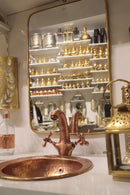 Moroccan Brass Bathroom Set, Rectangular Mirror Hammered Sink Faucet Wall Lamp Pack, Gold Vanity Bundle, Handmade Bath Decor Set