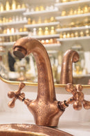 Moroccan Brass Bathroom Set, Rectangular Mirror Hammered Sink Faucet Wall Lamp Pack, Gold Vanity Bundle, Handmade Bath Decor Set