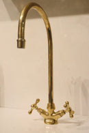 Handmade Moroccan Brass Faucet, Gooseneck Bridge Sink Tap, Cross Handle Aged Brass