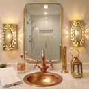 Moroccan Brass Bathroom Set, Rectangular Mirror Hammered Sink Faucet Wall Lamp Pack, Gold Vanity Bundle, Handmade Bath Decor Set