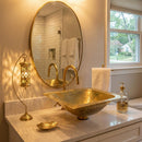 Moroccan Brass Bathroom Set, Oval Mirror Hammered Sink Faucet Wall Lamp Towel Holder Pack, Gold Vanity Bundle, Handmade Bath Decor