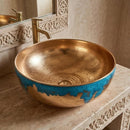Handmade Moroccan Brass Vessel Sink, Hammered Blue Patina Vanity Basin