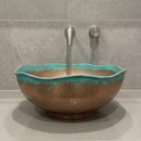 Handmade Moroccan Brass Vessel Sink, Hammered Round Bathroom Vanity Basin with Turquoise Patina Rim