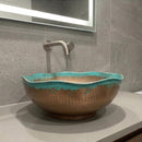 Handmade Moroccan Brass Vessel Sink, Hammered Round Bathroom Vanity Basin with Turquoise Patina Rim