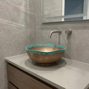 Handmade Moroccan Brass Vessel Sink, Hammered Round Bathroom Vanity Basin with Turquoise Patina Rim