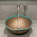 Handmade Moroccan Brass Vessel Sink, Hammered Round Bathroom Vanity Basin with Turquoise Patina Rim