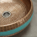 Handmade Moroccan Brass Vessel Sink, Round Hammered Turquoise Basin, Rustic Boho Countertop Bathroom Sink