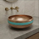 Handmade Moroccan Brass Vessel Sink, Round Hammered Turquoise Basin, Rustic Boho Countertop Bathroom Sink