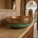Handmade Moroccan Brass Round Vessel Sink, Hammered Countertop Bathroom Basin with Antique Green Patina