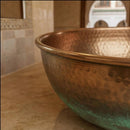 Handmade Moroccan Brass Round Vessel Sink, Hammered Countertop Bathroom Basin with Antique Green Patina