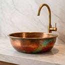 Handmade Moroccan Brass Round Sink, Hammered Vessel Basin with Iridescent Patina