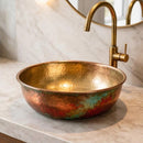 Handmade Moroccan Brass Round Sink, Hammered Vessel Basin with Iridescent Patina
