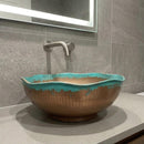 Handmade Moroccan Brass Vessel Sink, Hammered Round Bathroom Vanity Basin with Turquoise Patina Rim