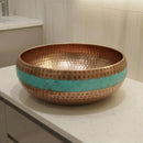 Handmade Moroccan Brass Vessel Sink, Round Hammered Turquoise Basin, Rustic Boho Countertop Bathroom Sink