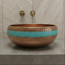 Handmade Moroccan Brass Vessel Sink, Round Hammered Turquoise Basin, Rustic Boho Countertop Bathroom Sink