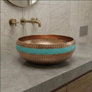Handmade Moroccan Brass Vessel Sink, Round Hammered Turquoise Basin, Rustic Boho Countertop Bathroom Sink