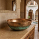 Handmade Moroccan Brass Round Vessel Sink, Hammered Countertop Bathroom Basin with Antique Green Patina