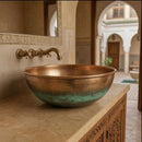 Handmade Moroccan Brass Round Vessel Sink, Hammered Countertop Bathroom Basin with Antique Green Patina