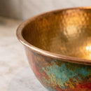 Handmade Moroccan Brass Round Sink, Hammered Vessel Basin with Iridescent Patina