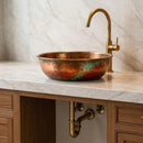Handmade Moroccan Brass Round Sink, Hammered Vessel Basin with Iridescent Patina