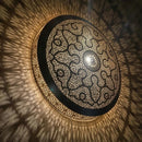 Handcrafted Moroccan Brass Pendant Light: Round Arabesque Shadow Lamp – Boho Decor